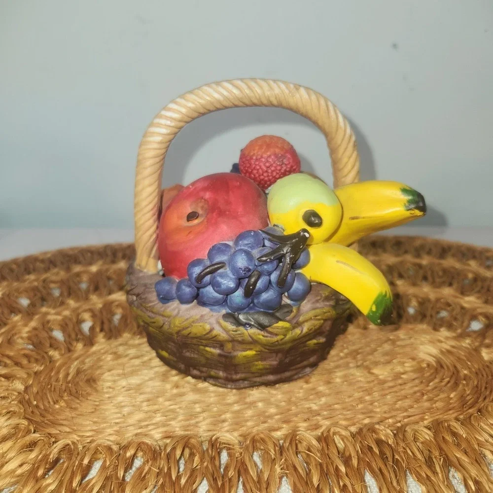 Vintage Ceramic Fruit Basket Figurine | Grapes Banana Apple Hand-Painted Decor